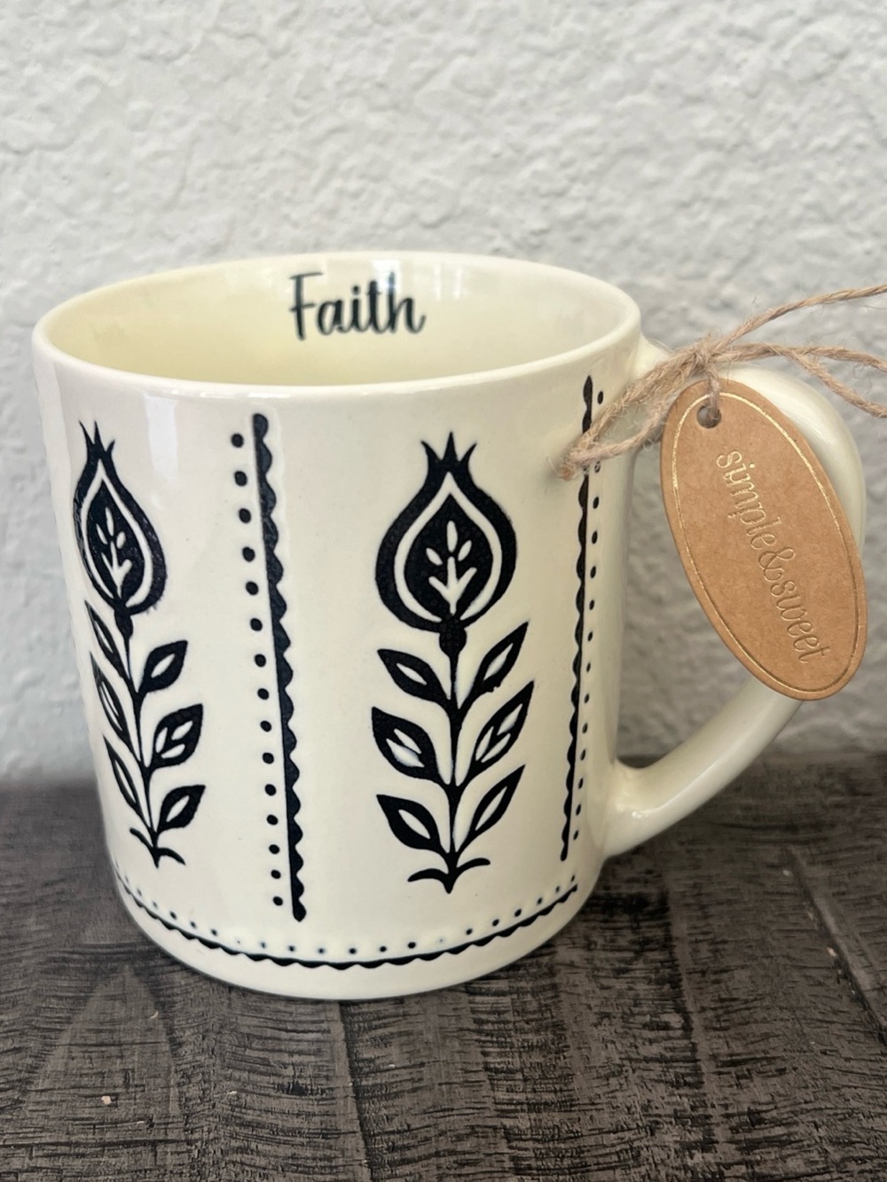 NWT Fiddle + Fern “Faith” Tulip Off White Cream & Black Ceramic Mug- Religious